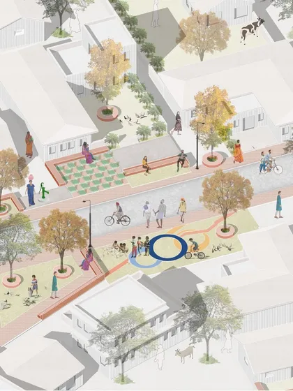 This illustration from the Adarsh Gram project highlights the design of the streetscape, with dedicated zones for pedestrians, cyclists, and informal social activities.