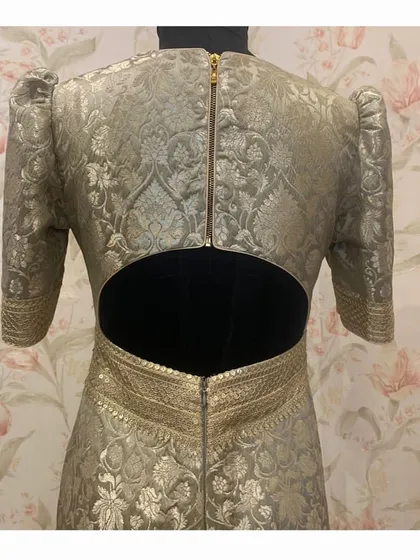Another view of the back of the Banarasi jumpsuit, highlighting the clean zipper closure and the elegant keyhole design.