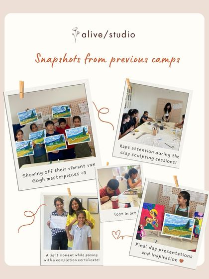 Here are some snapshots from our previous camps. You can see the kids proudly showing their Van Gogh-inspired masterpieces and concentrating hard during clay sculpting sessions.