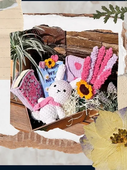 A collage showcasing our book lover's gift box, filled with a crochet bunny, bookmarks, and other handmade goodies.