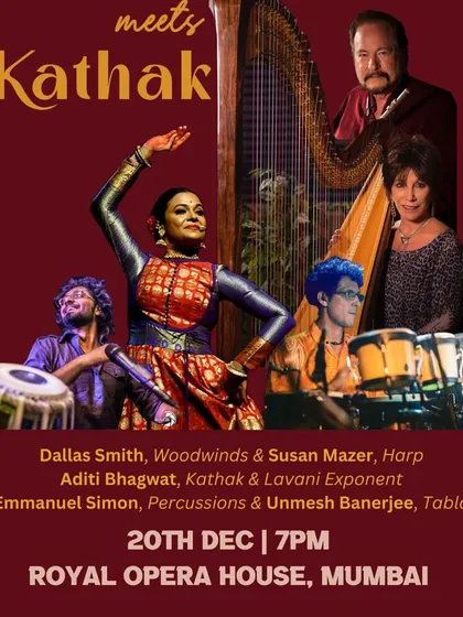 The official poster for our 'Jazz meets Kathak' show at the Royal Opera House, a beautiful blend of dance, world music, and Indian rhythm.
