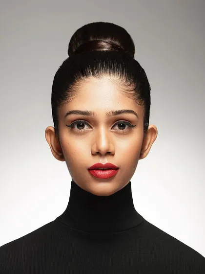 This is the quintessential clean and symmetrical model headshot. The straight-on angle, balanced lighting, and classic styling create a strong, clear, and professional image that is a staple for any model's book.