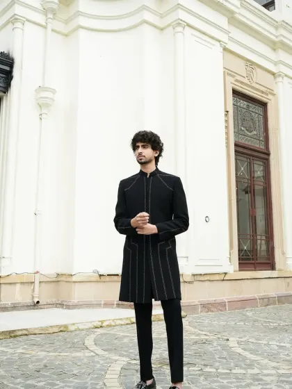 Full look of the minimalist indowestern, showing its modern and sleek silhouette.