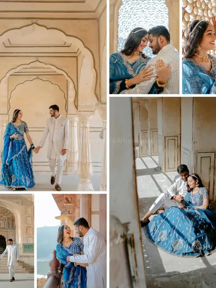 A beautiful collage of Anil and Sonal in vibrant blue traditional outfits, captured in various poses within the sunlit corridors of Amer Fort.