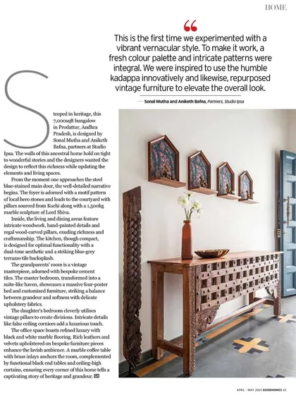 A snippet from a magazine feature describing our experimental approach with a vibrant vernacular style for the Prangan project, using local Kadappa stone and repurposed furniture.