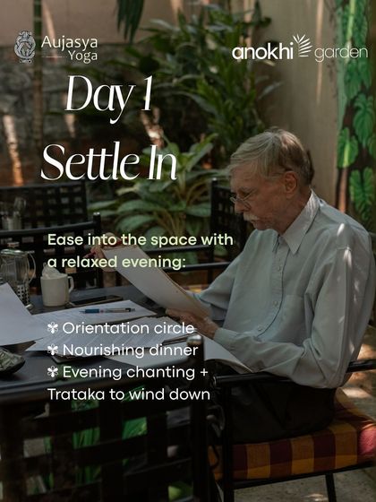 Your journey begins the moment you arrive. On Day 1, we ease into the space with a relaxed evening orientation circle, share a nourishing dinner together, and wind down with evening chanting and Trataka to prepare for the week ahead.