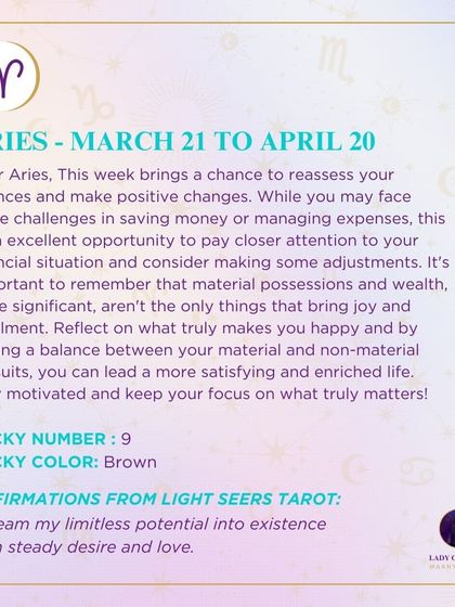 This weekly guidance for Aries is about reassessing finances and making positive changes. It's a reminder to find a balance between material and non-material pursuits and to focus on what truly matters.