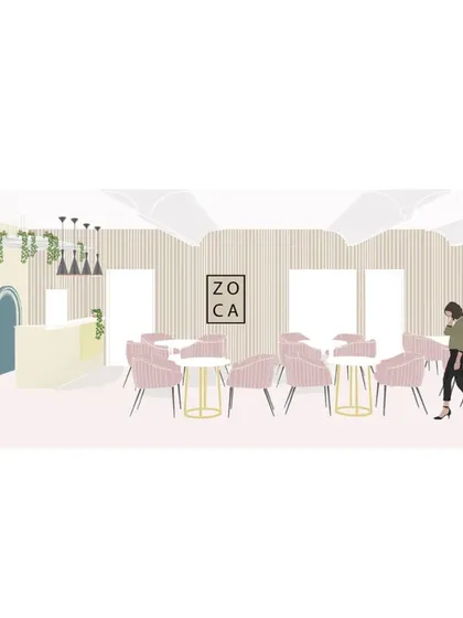 Our design proposal for the Zoca rooftop café, using a 2D illustration to communicate the vision of an airy space with arches and a pastel color scheme.