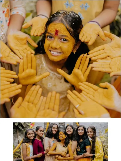 A collage from a Half Saree Haldi ceremony, capturing the moment a young woman is surrounded by turmeric-covered hands.