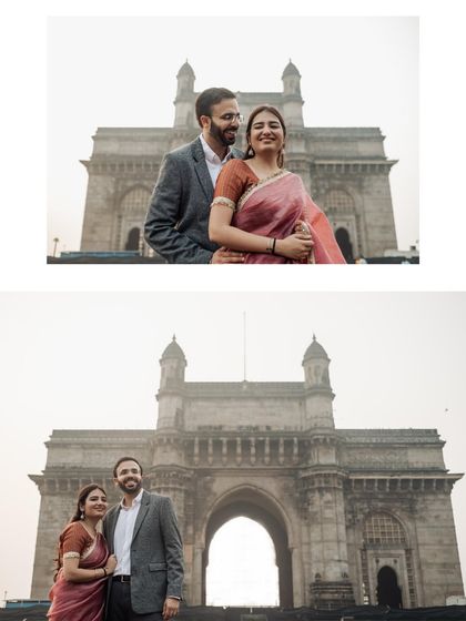 Two perspectives of the couple at the Gateway of India. One is a close, happy portrait, and the other is a wider shot showing the scale of the monument.