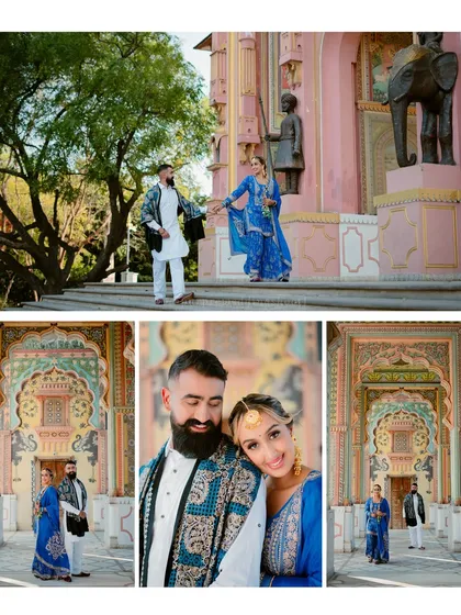 More moments from Patrika Gate, showing the couple interacting playfully. This location offers endless opportunities for colorful and creative pre-wedding photography.