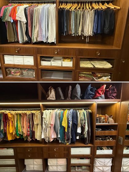 A combined view of the 'His' and 'Hers' sections. While each side is customized, the overall design, including the warm wood finish and consistent storage solutions, creates a harmonious and unified space.