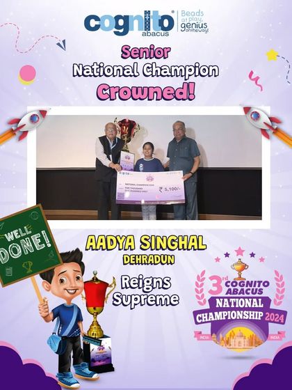 This graphic celebrates Aadya Singhal, our Senior National Champion from 2024. I create professional marketing assets like this for our franchisees to use, helping them celebrate local wins and attract new students.