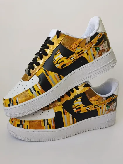 Taking inspiration from the masters, I recreated Gustav Klimt's "The Kiss" on these Nike Air Force 1s. This was a rewarding challenge, using metallic gold paints to capture the shimmer and intricate details of the original masterpiece. This shows how fine art can be transformed into a unique, wearable statement piece.