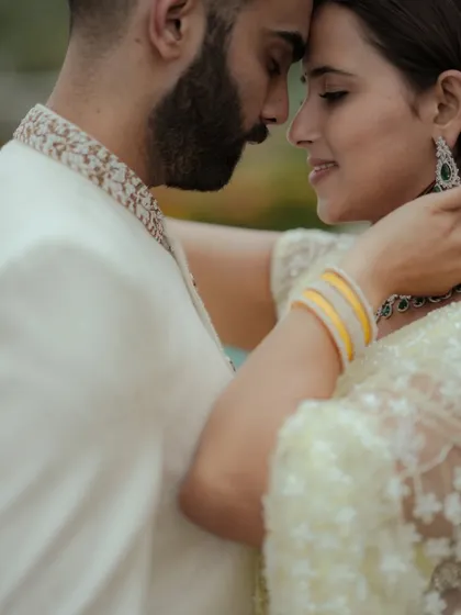 A close, intimate portrait capturing the deep connection between the couple. This shot from a Mumbai wedding shoot focuses on their gentle expressions and the soft, natural light, creating a timeless and emotional image.