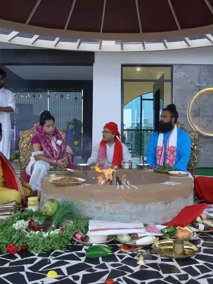 A Havan ceremony taking place at our Spiritual Centre in Bangalore. This image shows us leading the ritual with other priests, creating a powerful field of divine energy for all present.