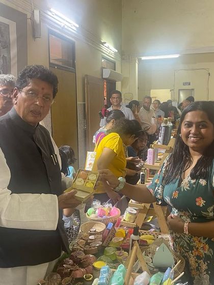 It was a proud moment when Mr. Deepak Kesarkar, the Education Minister of Maharashtra, visited my stall and appreciated my Mithai soaps and other handmade products.