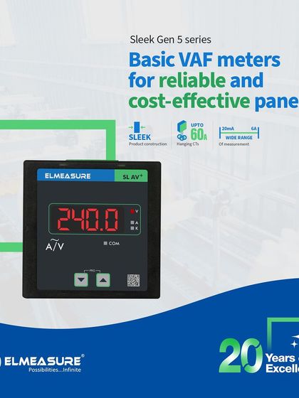 This is my Sleek Gen 5 series VAF meter, a basic and reliable solution for cost-effective panels. It offers a sleek design and measures essential parameters like voltage, amperage, and frequency with up to 60A direct measurement using hanging CTs.
