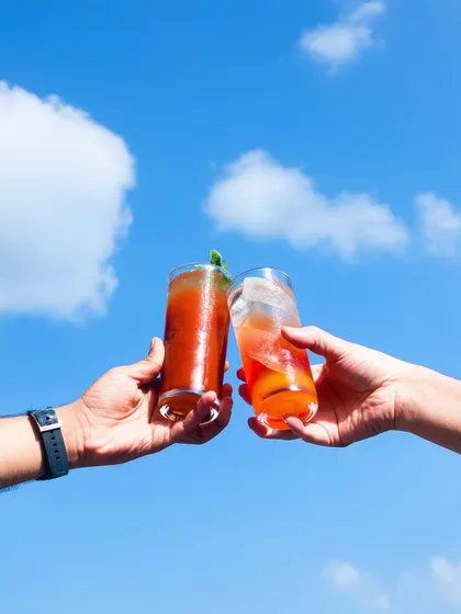 Two cocktails being cheered against a bright blue sky. This lifestyle shot evokes feelings of summer, friendship, and celebration.