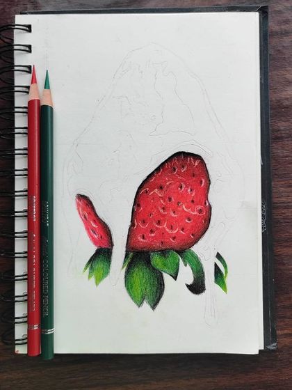 A full view of the strawberry WIP in my sketchbook.