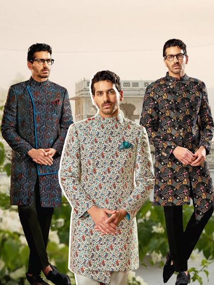 We present three distinct styles for the modern man. This trio of sherwanis showcases our range, from bold asymmetric designs to classic floral patterns and contemporary prints.