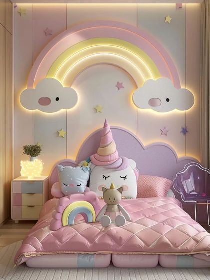 This unicorn-themed bed has a cloud-shaped headboard with a rainbow light. The room is filled with plush toys and a soft color palette, creating a cozy and magical space.