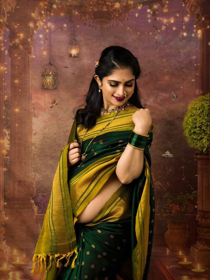 A beautiful, candid-style portrait of a mother-to-be in a traditional green saree. The festive, glowing background adds a magical touch to this Navratri-themed shoot.