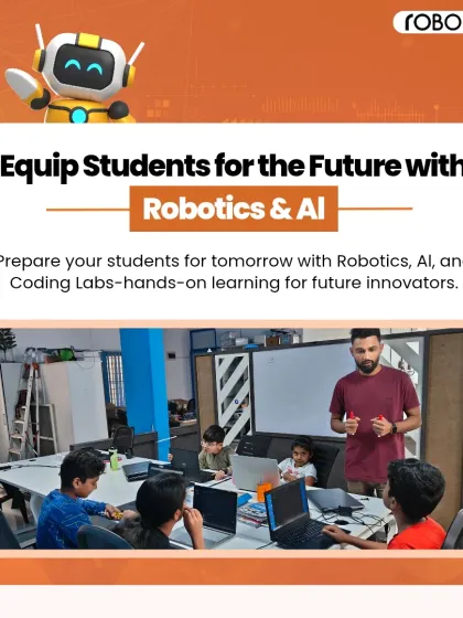 An instructor at the whiteboard explains a concept to a classroom of engaged students working on their laptops. We equip students for the future with hands-on learning in our Robotics and AI labs.