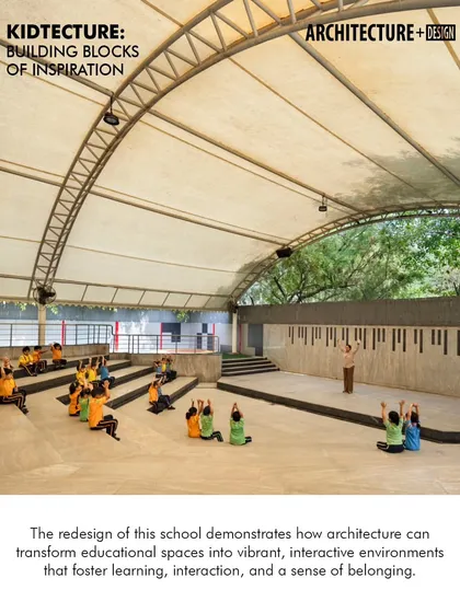 This article on 'Kidtecture' features our work on the GD Goenka Public School. The open-air amphitheater with its tensile roof provides a versatile space for performances, classes, and yoga sessions, fostering learning, interaction, and a sense of belonging.