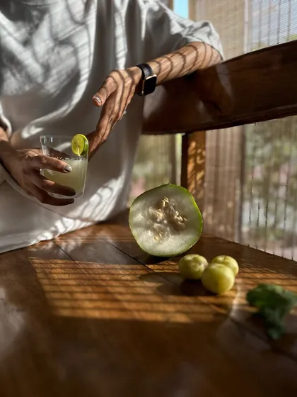 Wellness extends to our kitchen. During our detox retreats, we serve nourishing juices made from ingredients like ash gourd and amla.