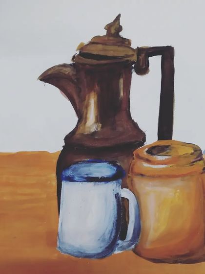 A still life painting by Tanisha from 7th standard, this time using poster colours on paper. This piece has a rustic feel, focusing on the shapes and tones of the antique pots.