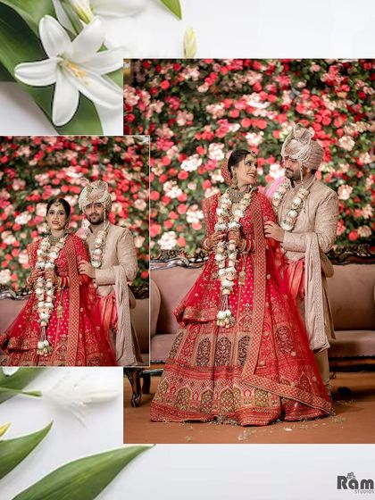 A beautiful collage of the couple's wedding portraits against a backdrop of red and white roses, capturing their loving interactions.