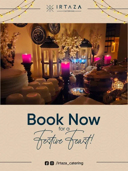 A festive Diwali party setup, complete with lanterns, bright pink candles, and decorative elements. This is a perfect example of my themed catering for special occasions.