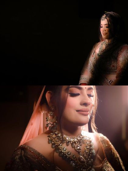 A dramatic diptych of bridal portraits, using low-key lighting to create a cinematic and moody effect that highlights the bride's features and jewelry.