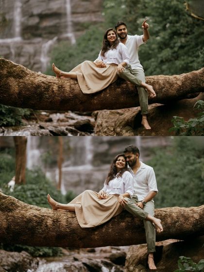 Two different poses from the same waterfall location, showing the couple's relaxed and happy connection.