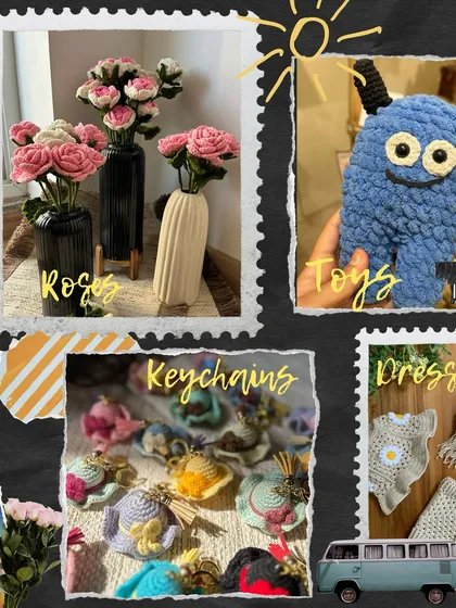 This collage features our crochet roses, toys, keychains, and even tiny doll dresses. It’s a testament to the versatility of crochet and our passion for creating.