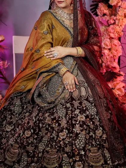 Stay tuned. A teaser shot from our Nawabi bridal campaign, showing the rich textures and colors of the outfit.