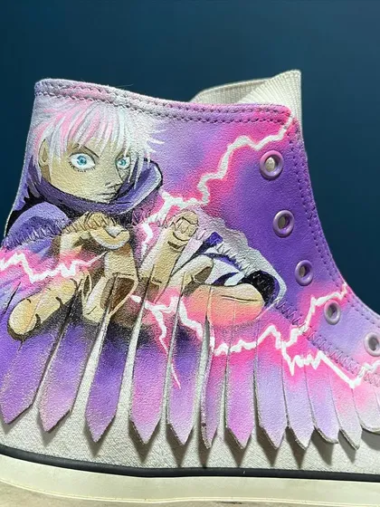 Another angle of the Satoru Gojo sneakers, showing the purple lightning effect. The details make all the difference in these custom anime kicks.