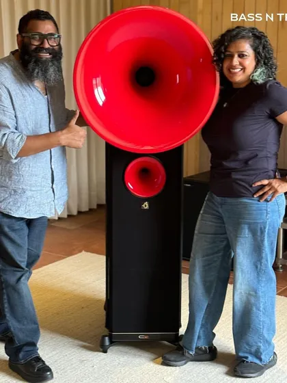 Here we are, Jenny and Denny, with the iconic Avantgarde horn speaker. Our journey is fueled by a shared passion for sound, and bringing world-class audio brands like this to homes across India is a dream come true.