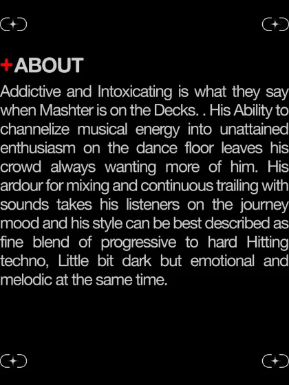An "About Me" card used for promotion, describing my style as a fine blend of progressive to hard-hitting techno, dark but emotional and melodic.