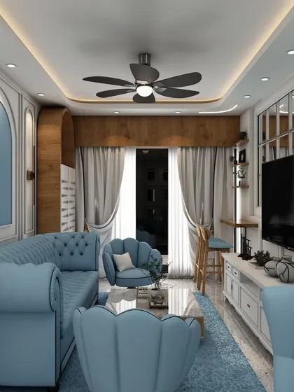We love transforming entire living and dining areas with bold yet elegant color palettes. This 3D design demonstrates our ability to create a cohesive and inviting open-plan space, featuring a striking blue Chesterfield sofa set and classic wainscoting for a touch of timeless charm.
