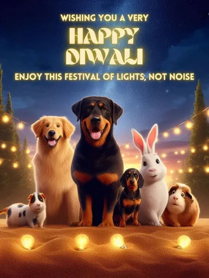 Our message for Diwali is simple: let's celebrate the festival of lights, not noise. This graphic represents our commitment to providing a safe haven for all pets, including dogs, cats, rabbits, and guinea pigs, during loud festivities.