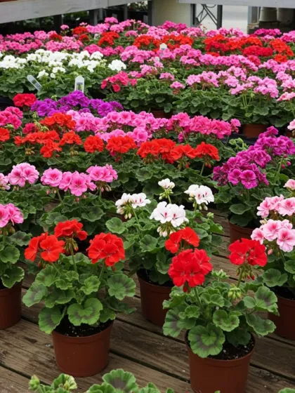 A sea of colorful Geraniums at the nursery, showing the wide palette of blooms I offer.
