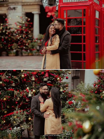 An embrace in front of a classic red telephone booth, framed by festive Christmas trees. This London pre-wedding session was a perfect blend of iconic scenery and holiday romance.