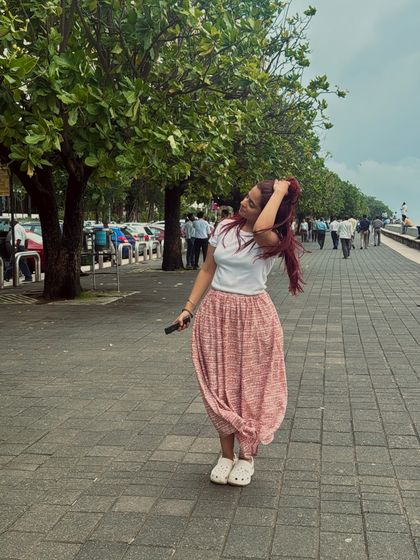 Enjoying a walk by the sea. This dhoti-style skirt is one of my favorites for a casual day out because it's so comfortable and has a unique, stylish look.