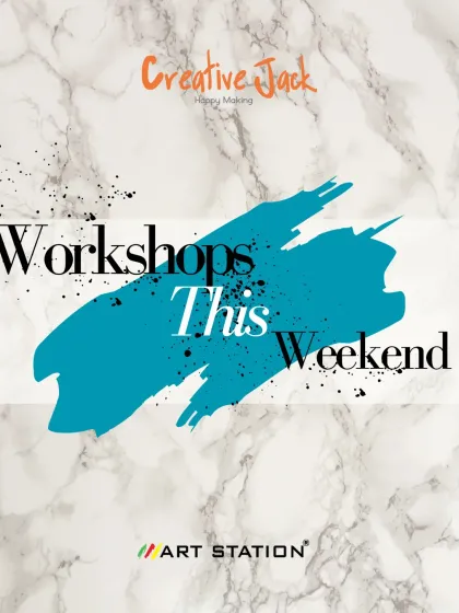 An advertisement for a weekend of creative workshops, including clay mural art, custom keychains with Cricut, and resin art.