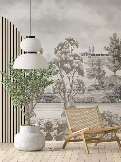 Transport your space to 18th-century France with our 'Parisian Tales' collection. This mural combines classic architectural scenes with delicate, modern furniture, showing how our wallcoverings can create a sophisticated and timeless atmosphere in any room.
