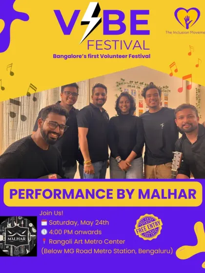 VIBE Festival, Bangalore's first Volunteer Festival, featured soulful music from bands like Malhar, creating a perfect atmosphere for our community to connect.