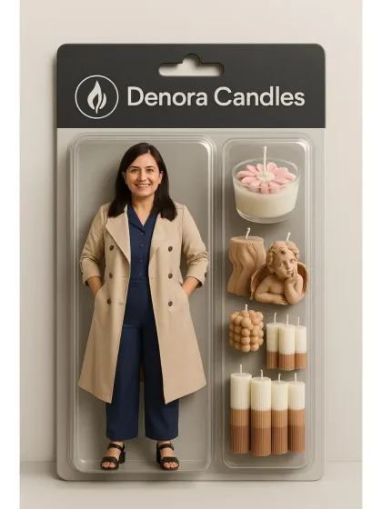 This creative image was part of a fun trend, imagining myself as a toy figure alongside my creations. It's a playful representation of me and the candles I pour my heart into making.