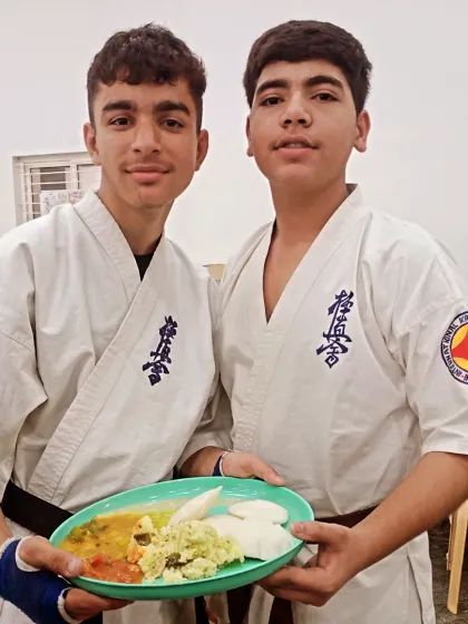 After arriving, the first thing to do is enjoy a traditional South Indian breakfast. Here are two of my students with their plates of idli and sambar.